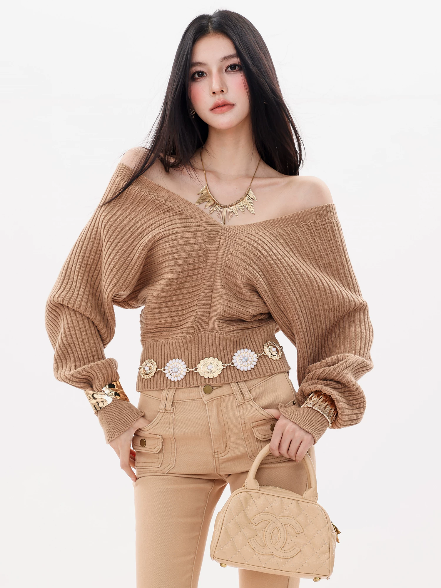 ABWLR Cinderella - Áo len dệt kim dài tay cổ chữ V phong cách lười biếng nguyên bản dành cho nữ, Áo thời trang ôm eo thu đông mới