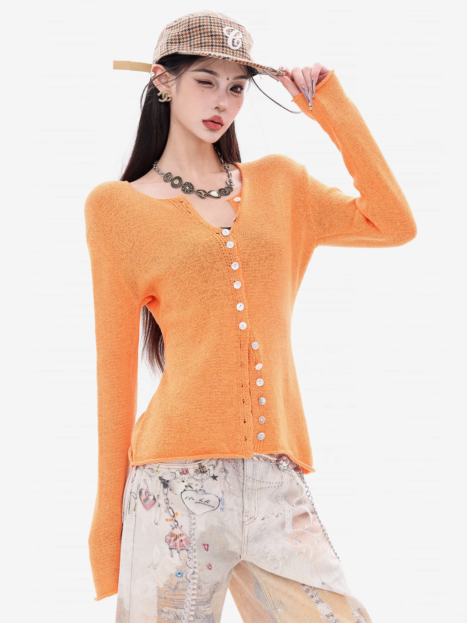 ABWEAR Orange Moment - Áo len dệt kim màu cam thư giãn đầu thu nguyên bản dành cho nữ, áo cardigan dáng ôm vừa vặn