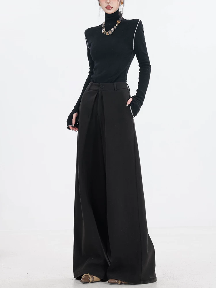 ABWEAR Urban Stroll - Quần ống rộng dày màu đen mùa thu đông Quần ống rộng dáng rộng xếp ly thiết kế quần âu