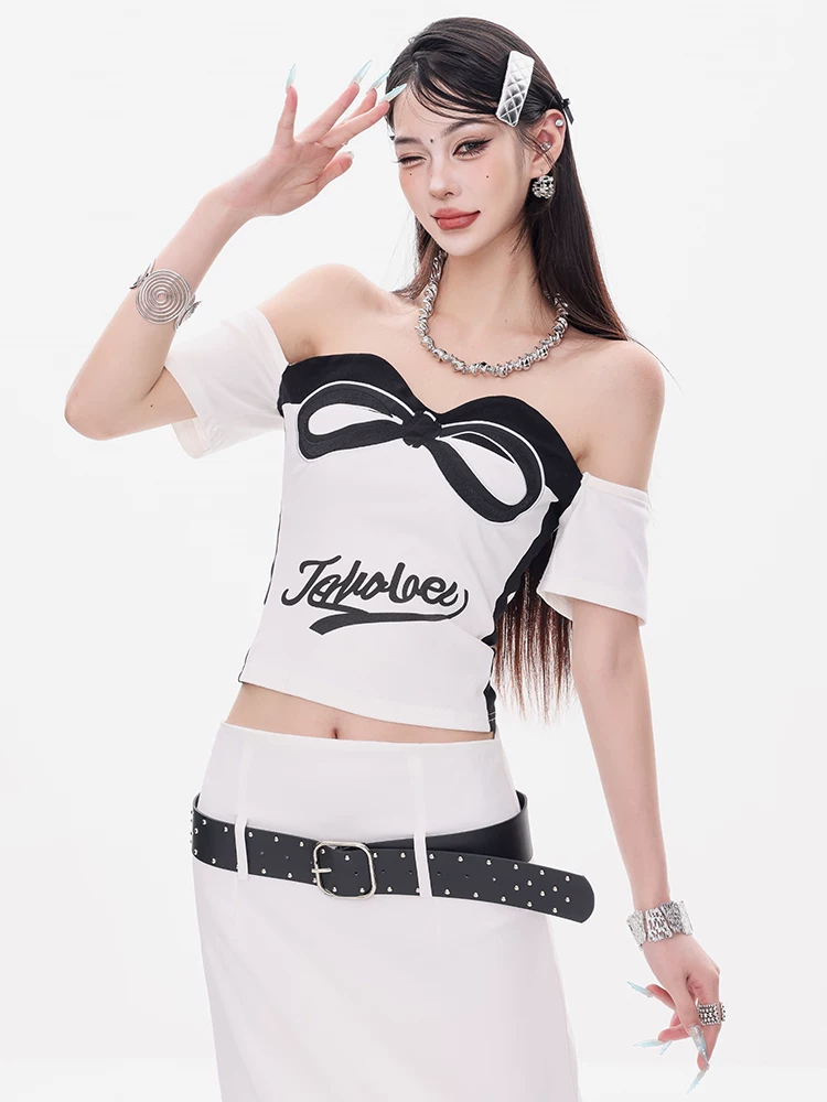 ABWEAR ngọt ngào tương phản - Áo thun ngắn tay thiết kế chữ nơ độc đáo dành cho nữ, kiểu dáng ôm vừa vặn và áo một vai đa năng