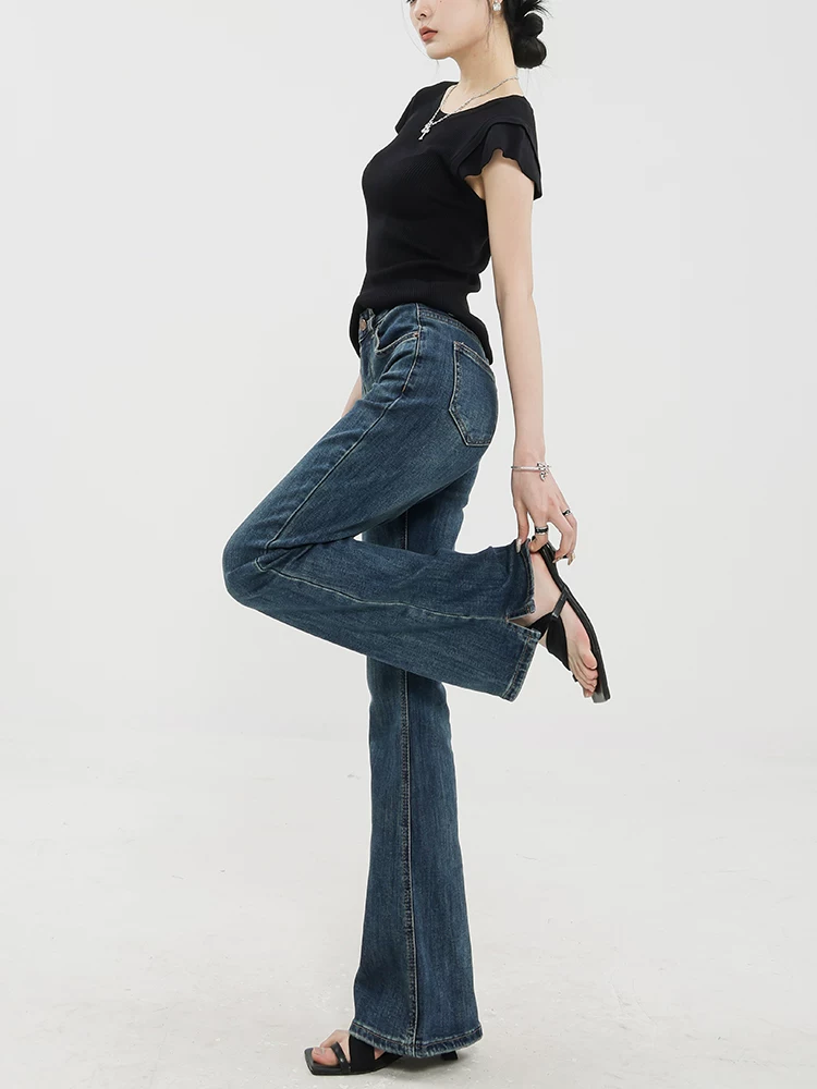 Quần jeans bootcut màu xanh đậm cổ điển ABWEAR dành cho nữ, thu đông 2025, kiểu dáng ôm sát, lót lông cừu, ống loe kiểu móng ngựa