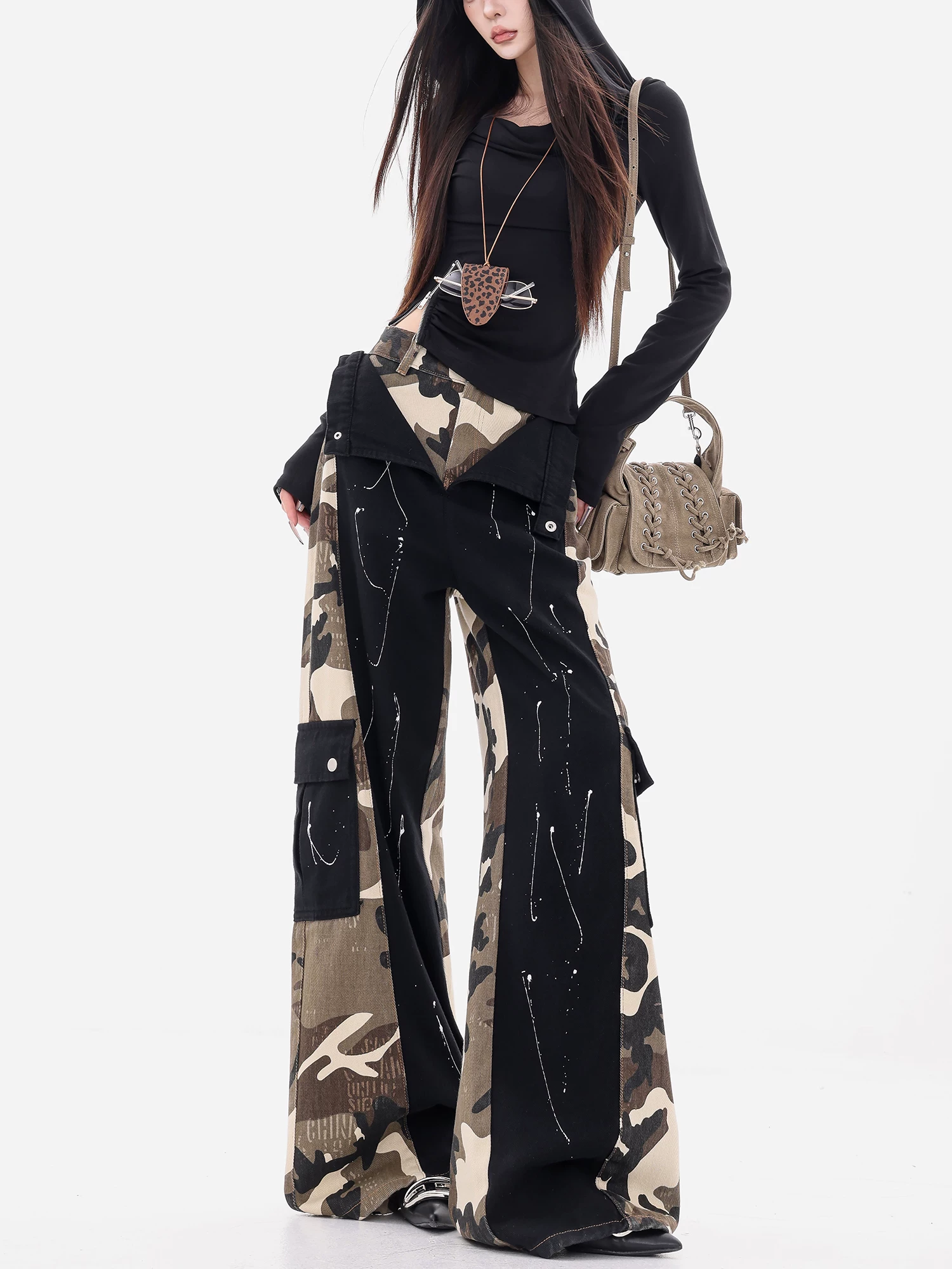 ABWEAR Fifth Street-Original 2025 Quần jean công sở phối họa tiết ngụy trang đầu thu Quần ống rộng dáng rộng dành cho nữ