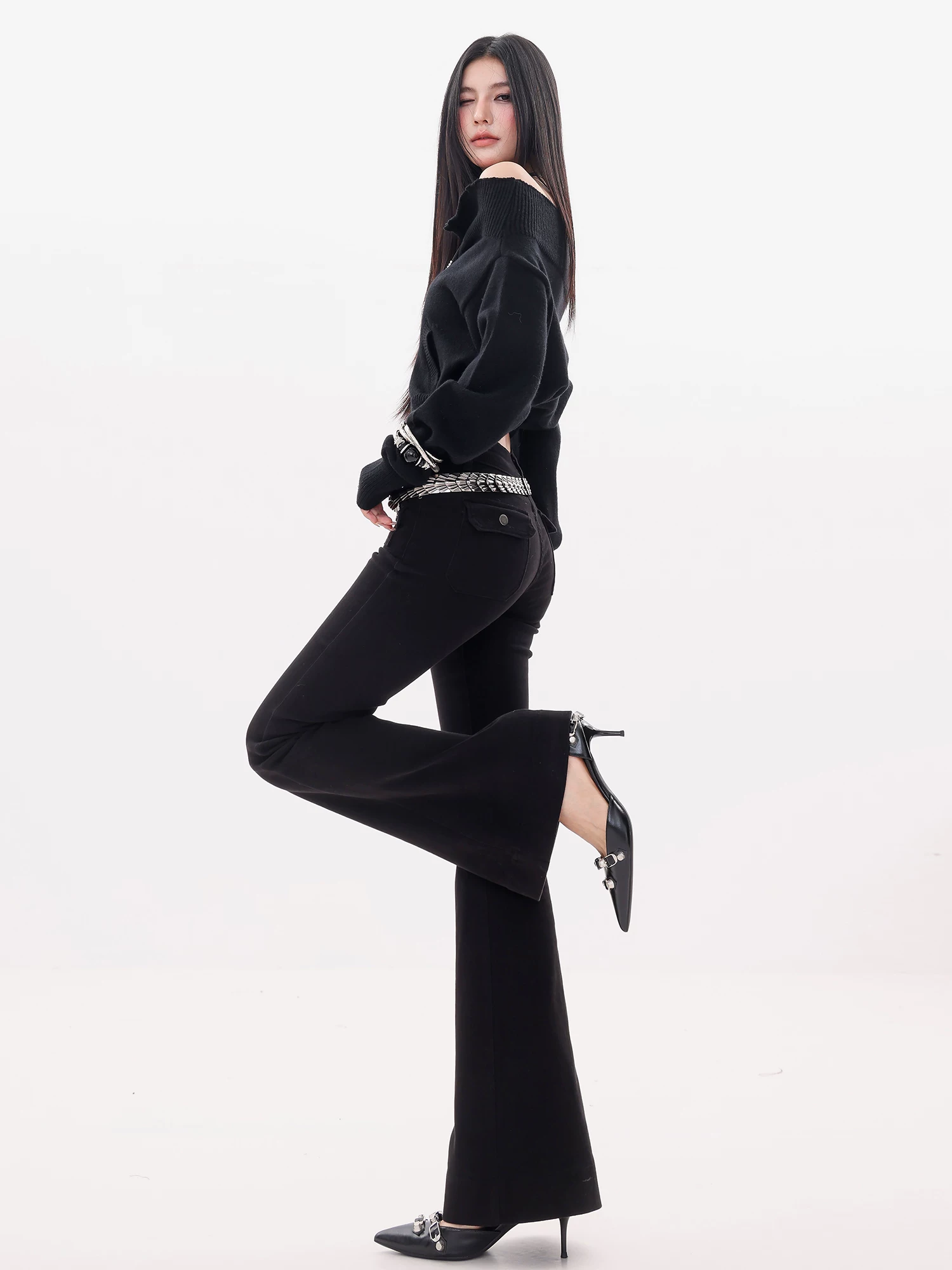 Quần jeans bootcut kiểu dáng cổ điển thanh lịch ABWLR - Quần kiểu dáng retro nguyên bản dành cho nữ, mới mùa thu đông, ôm dáng, tôn vóc dáng, kiểu dáng móng ngựa