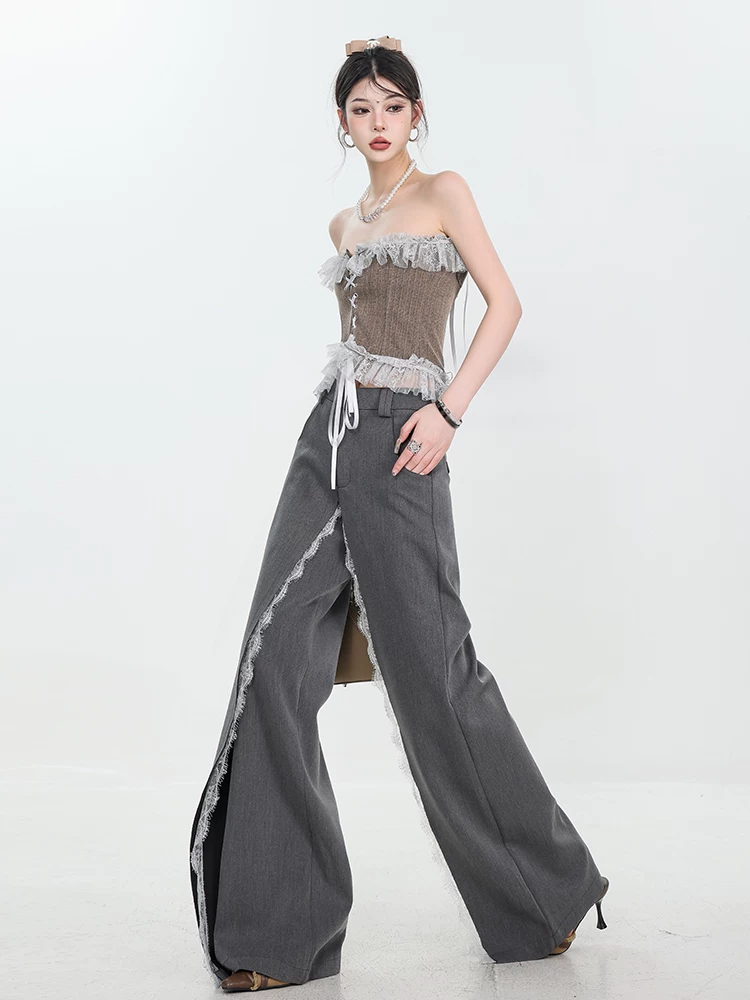 Quần dài thiết kế phối ren màu xám nguyên bản của ABWEAR dành cho nữ, quần ống rộng dáng rộng mùa thu đông
