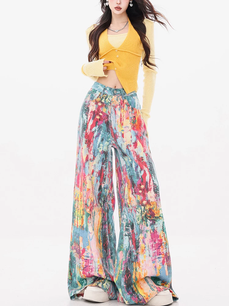Quần jeans nữ ABWEAR họa tiết màu sơn gốc, họa tiết bắn mực, tranh sơn dầu, mùa thu/đông 2025, kiểu dáng ống rộng