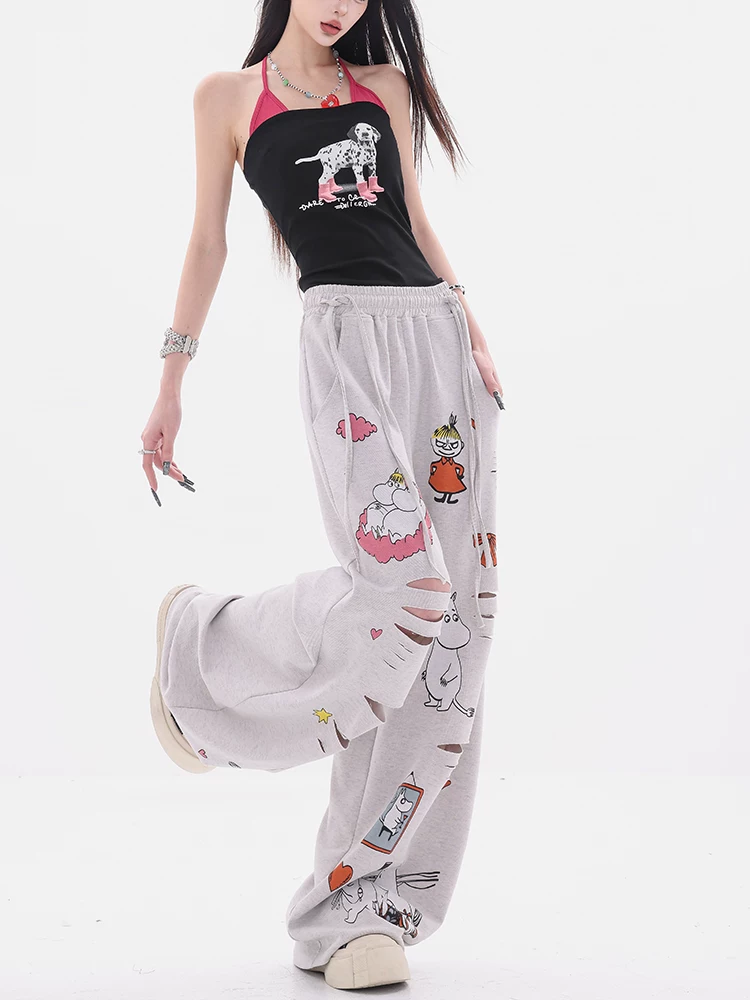 Công viên giải trí ABWEAR - Quần ống rộng in hình hoạt hình nguyên bản, quần ống rộng dáng rộng dành cho nữ