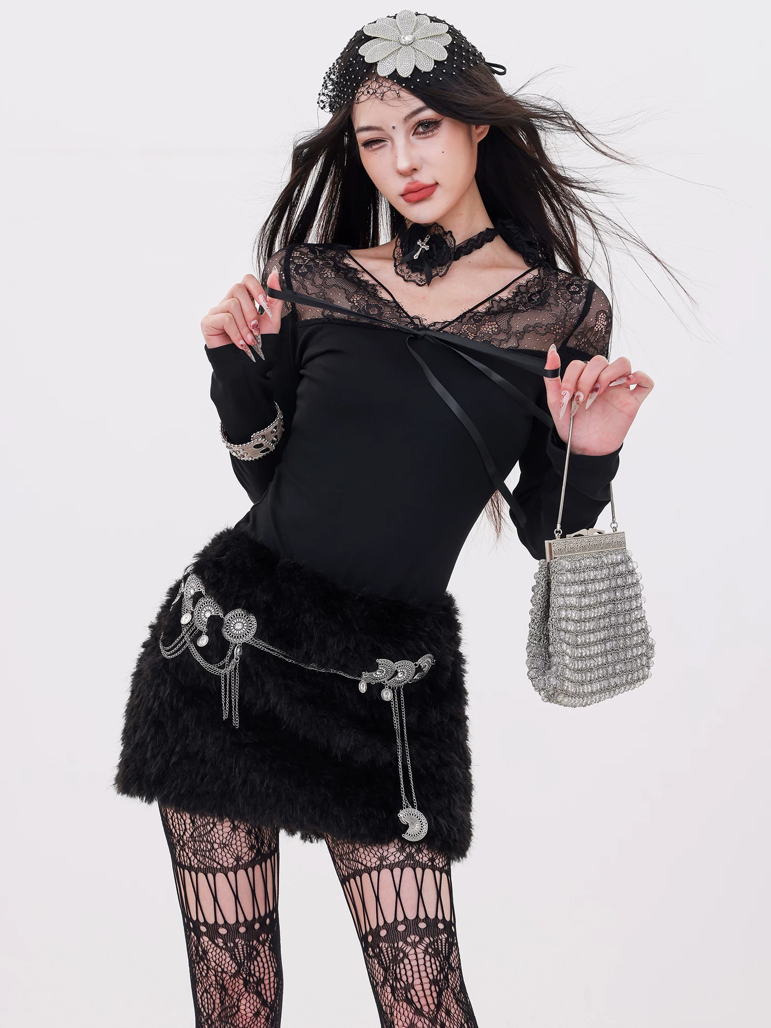 ABWLR Muse's Words - Áo thun dài tay phối ren thiết kế độc đáo dành cho nữ, trang phục hot girl