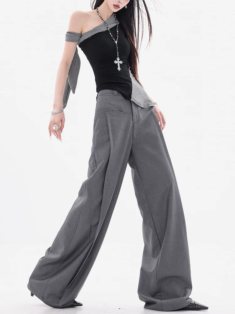 ABWEAR Gaohu Tiancai - Quần vest màu xám thiết kế dáng rộng nguyên bản dành cho nữ, kiểu dáng mỏng mùa hè, quần ống rộng dáng rộng mới