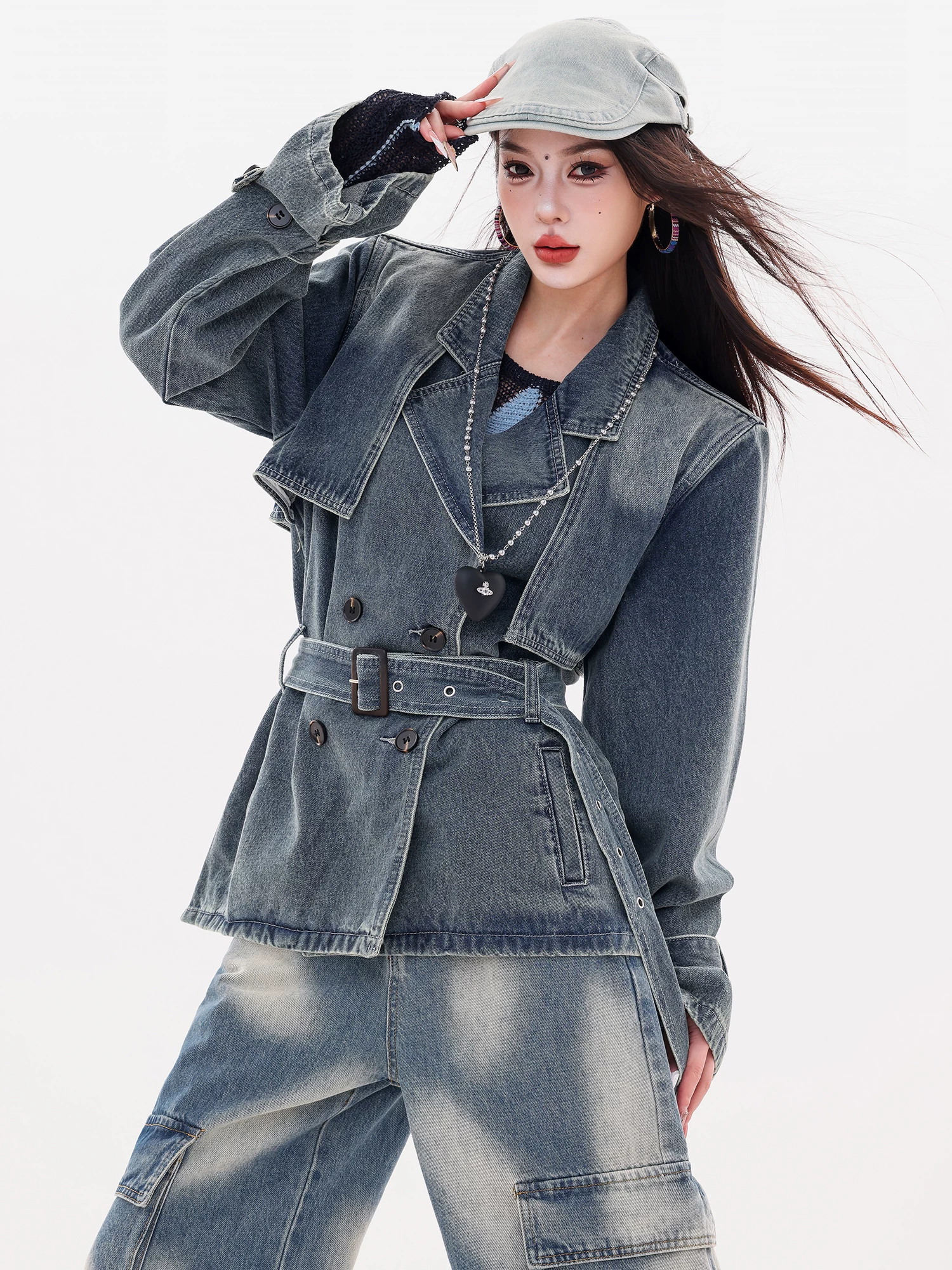 ABWLR Phong cách Anh quốc - Áo khoác denim cài khuy đôi kiểu Anh nguyên bản dành cho nữ, Áo gió thường ngày mùa thu đông mới
