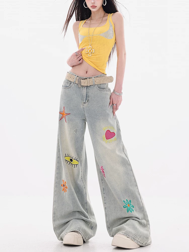 Quần jean thêu hoa văn màu xanh nhạt nguyên bản của ABWEAR dành cho nữ, thiết kế kiểu Mỹ, quần ống rộng thẳng