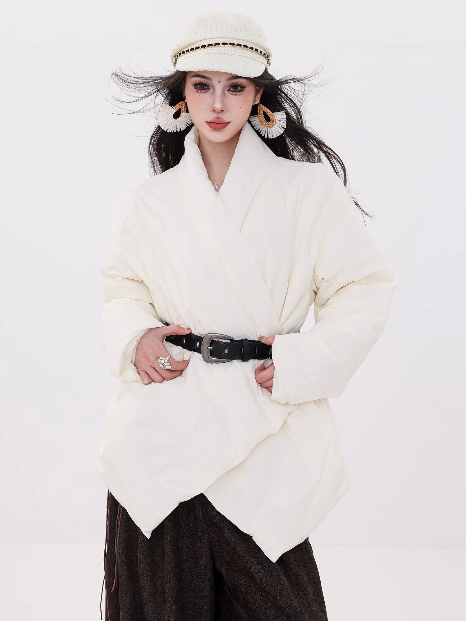 ABWLR Deep Winter Story - Áo khoác cổ chữ V thiết kế nguyên bản dành cho nữ, dài vừa phải có thắt lưng, áo khoác phong cách sang trọng nhẹ nhàng