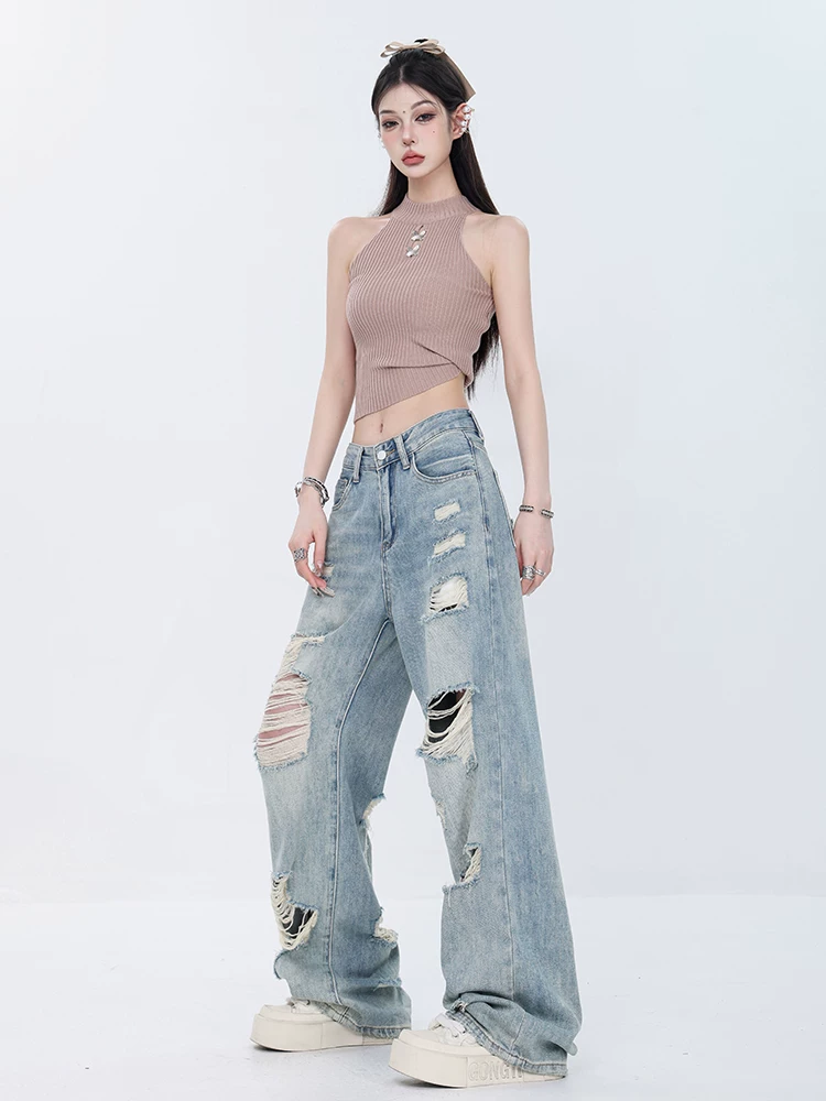 ABWEAR mùa hè mới phong cách đường phố Mỹ quần jean rách màu xanh đã giặt dành cho nữ, quần ống rộng dáng rộng, dáng rộng, giảm béo