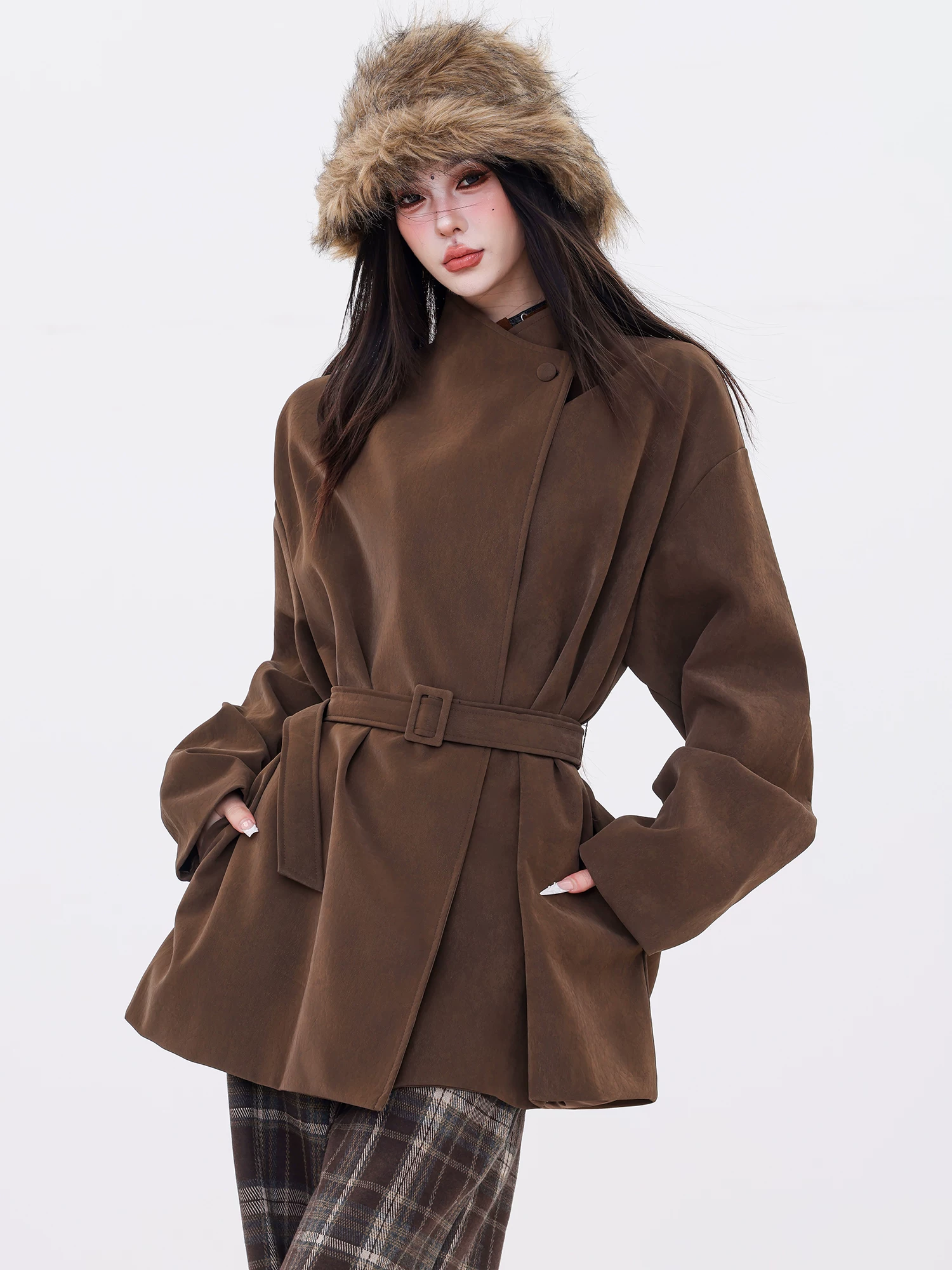 ABWLR Modern Autumn - Áo khoác da lộn cổ đứng cổ điển nguyên bản dành cho nữ, phong cách thu đông mới, áo khoác ôm eo cao cấp