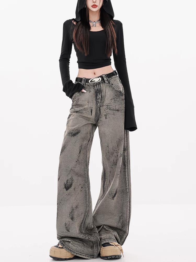 ABWEAR Vector Ruins - Quần jean ống rộng nhuộm màu theo phong cách Retro Wasteland dành cho nữ, lót lông cừu, quần ống đứng mới mùa thu/đông
