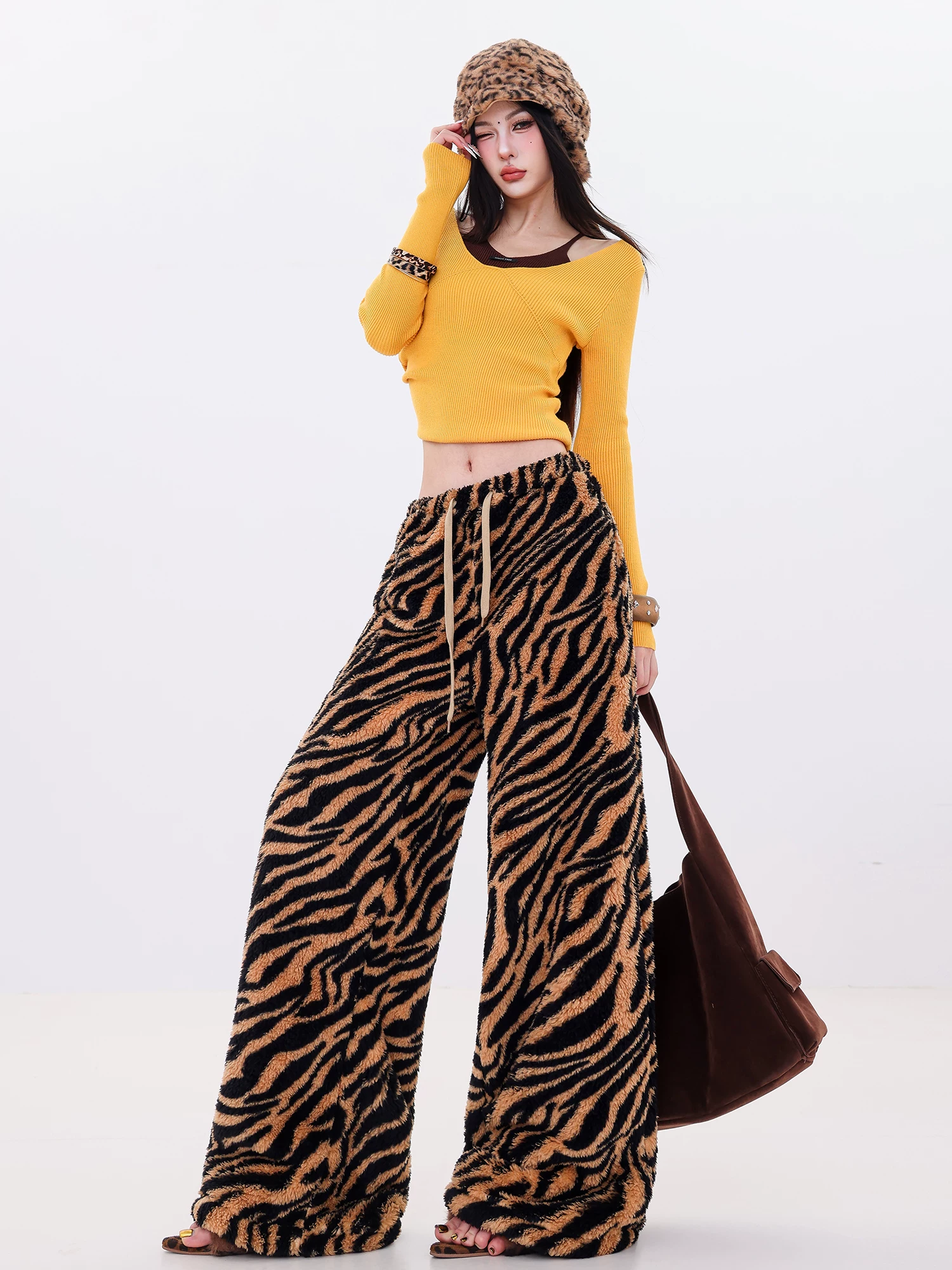 ABWLR Wild Return - Quần ống rộng in hình hổ lười nguyên bản dành cho nữ, Quần ống rộng dáng rộng thời trang thu đông mới