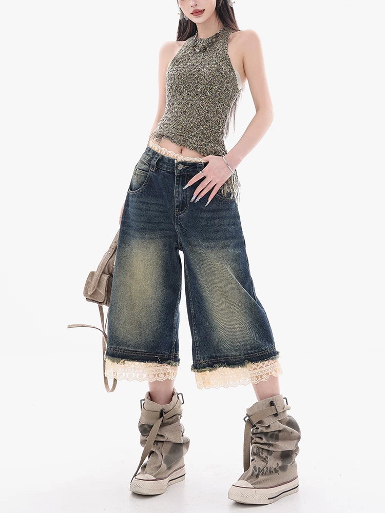 Quần short nữ ống rộng ABWEAR Camellia Language - Denim phối ren kiểu Mỹ cổ điển đã qua xử lý, kiểu dáng 7/8