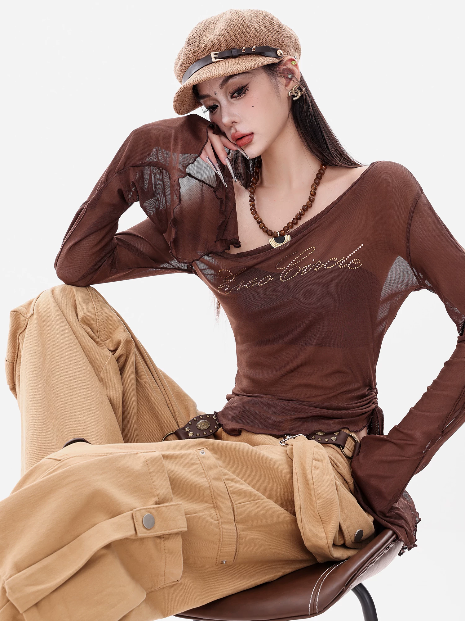 ABWEAR Flashback Millennium - Áo thun dài tay xuyên thấu nguyên bản dành cho nữ, tay áo loe gợi cảm, áo trễ vai bất đối xứng