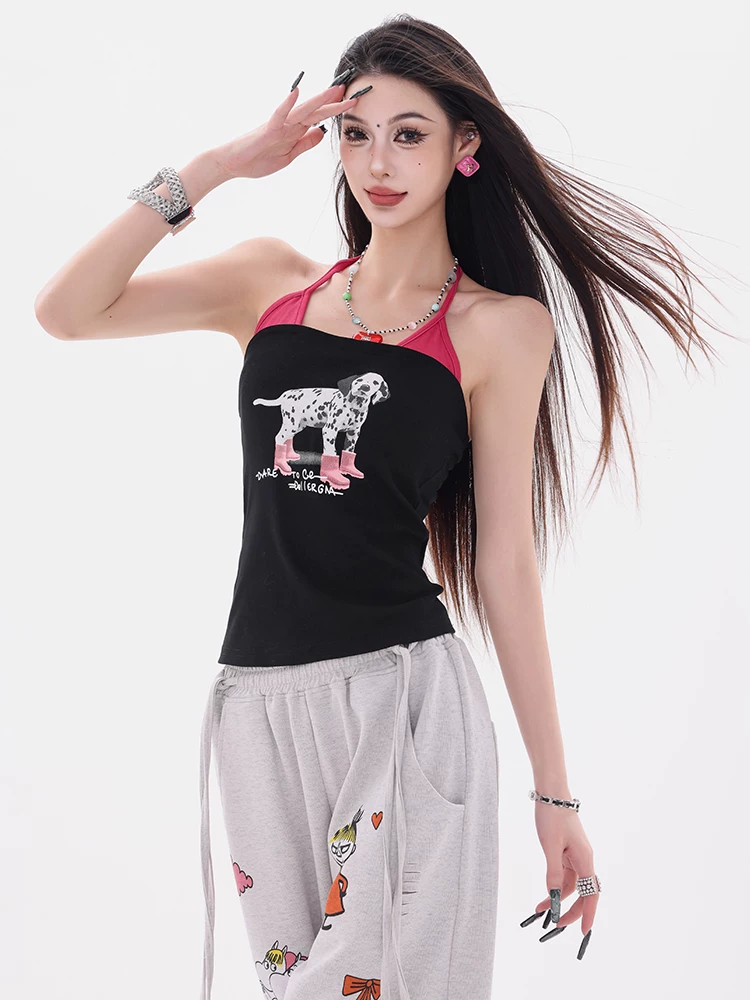 ABWEAR Cuộc sống hàng ngày dễ thương - Áo yếm thiết kế giả hai mảnh in hình chó con nguyên bản dành cho nữ Áo ôm eo vừa vặn