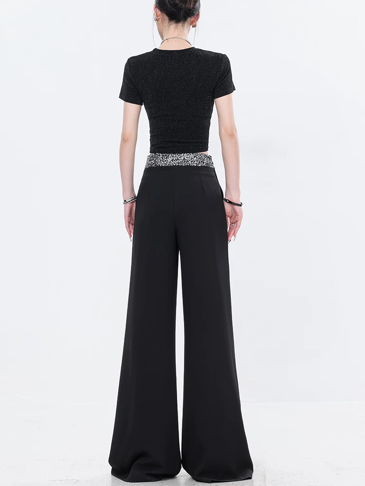 Quần dài xếp ly màu đen đính sequin ABWEAR dành cho nữ, quần ống rộng dáng rộng, lưng cao, dáng rộng, tôn dáng
