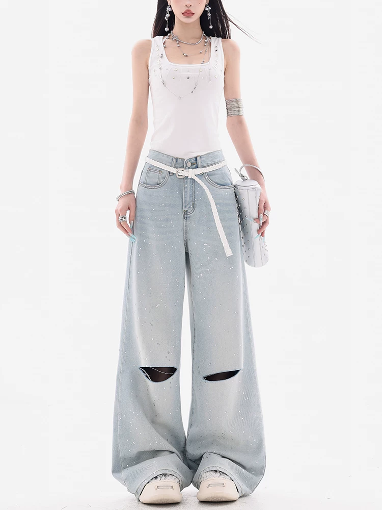 ABWEAR Ice Blue Summer - Quần jean rách đính đá màu xanh nhạt nguyên bản dành cho nữ, lưng cao, giảm béo, quần ống rộng rộng rãi