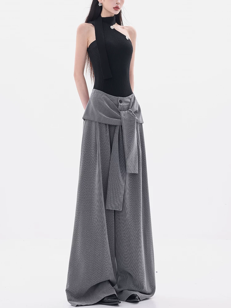ABWEAR Urban Beauty - Quần thường ngày sọc xám nguyên bản dành cho nữ, thiết kế mùa hè mới, quần ống rộng dáng rộng
