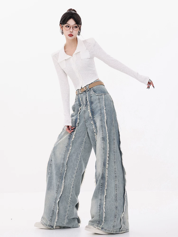 ABWEAR Vine Autumn - Quần jean ống rộng thiết kế rách đầu xuân nguyên bản dành cho nữ, quần dài ống thẳng dáng rộng