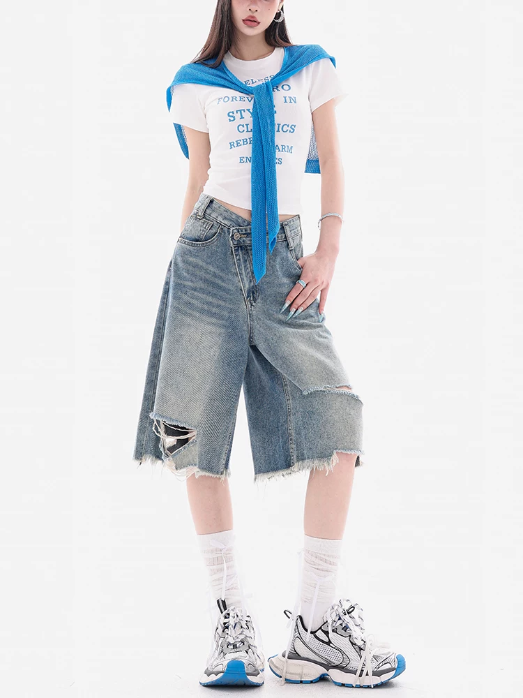 ABWEAR Sea Salt Soda - Quần short denim viền xù kiểu dáng cũ kỹ dành cho nữ, lưng cao, dáng rộng, quần short năm điểm dáng rộng giúp thon gọn