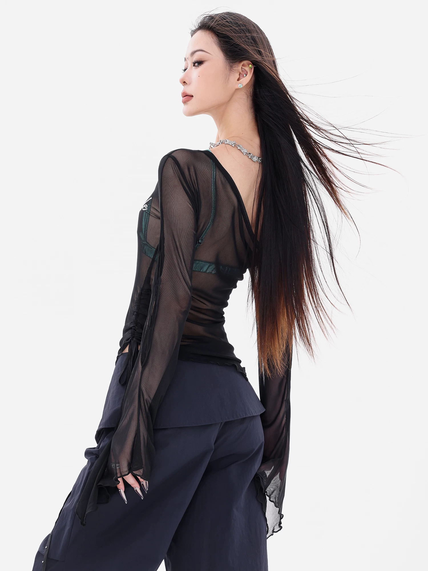 ABWEAR Flashback Millennium - Áo thun dài tay lưới xuyên thấu kiểu dáng hot girl nguyên bản Áo thun dài tay ôm vừa vặn dành cho nữ
