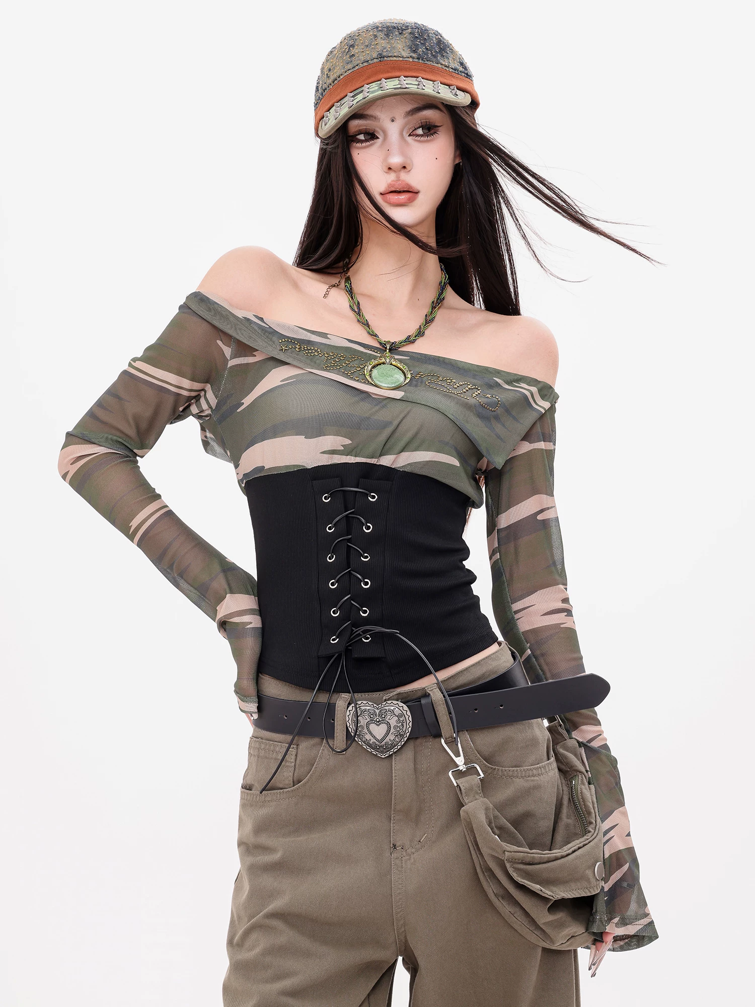 ABWEAR Vintage Archives - Áo thun dài tay lệch vai phối lưới nguyên bản dành cho nữ Slim Fit ngụy trang hàng đầu
