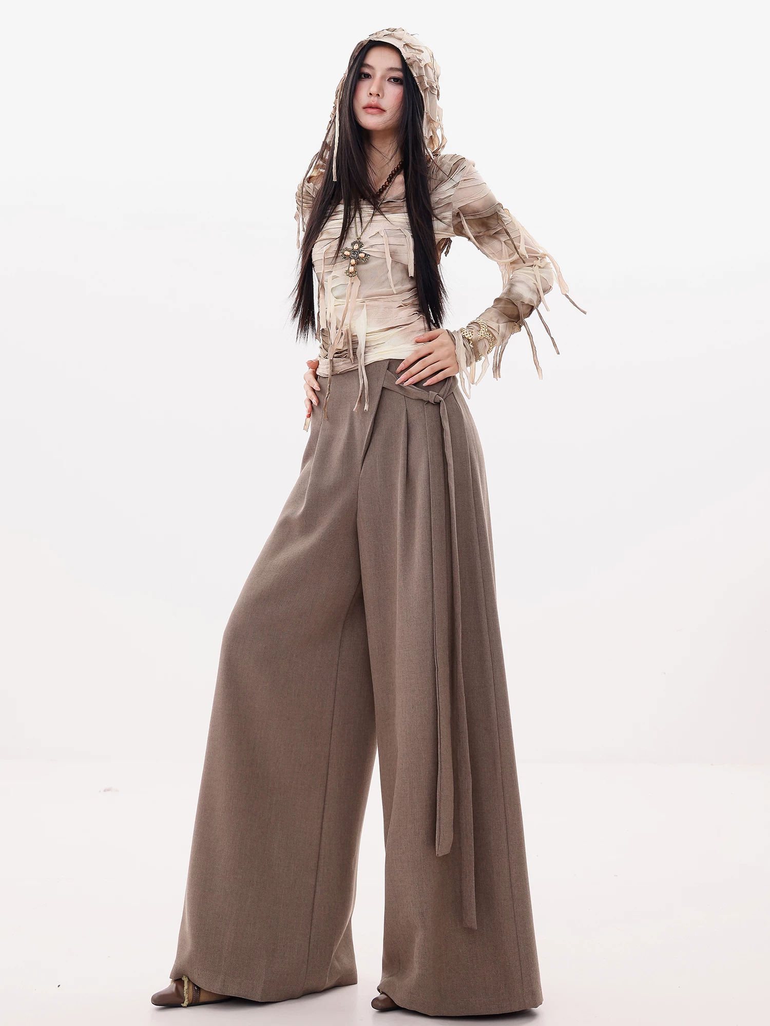ABWLR All-Around Item - Quần vest buộc dây cổ điển nguyên bản dành cho nữ, phong cách mùa thu mới, dáng rộng, quần ống rộng thẳng giúp giảm béo