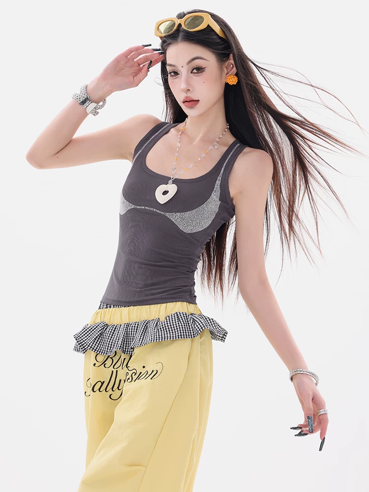 ABWEAR Shibuya Hot Girl - Áo ba lỗ đính đá phong cách Hot Girl nguyên bản dành cho nữ mùa hè Áo không tay mới kiểu dáng ôm vừa vặn