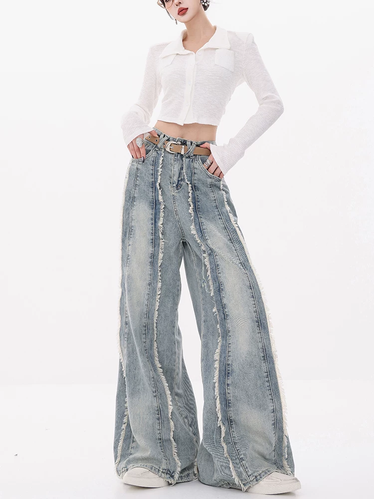 ABWEAR Vine Autumn - Quần jean ống rộng thiết kế rách đầu xuân nguyên bản dành cho nữ, quần dài ống thẳng dáng rộng