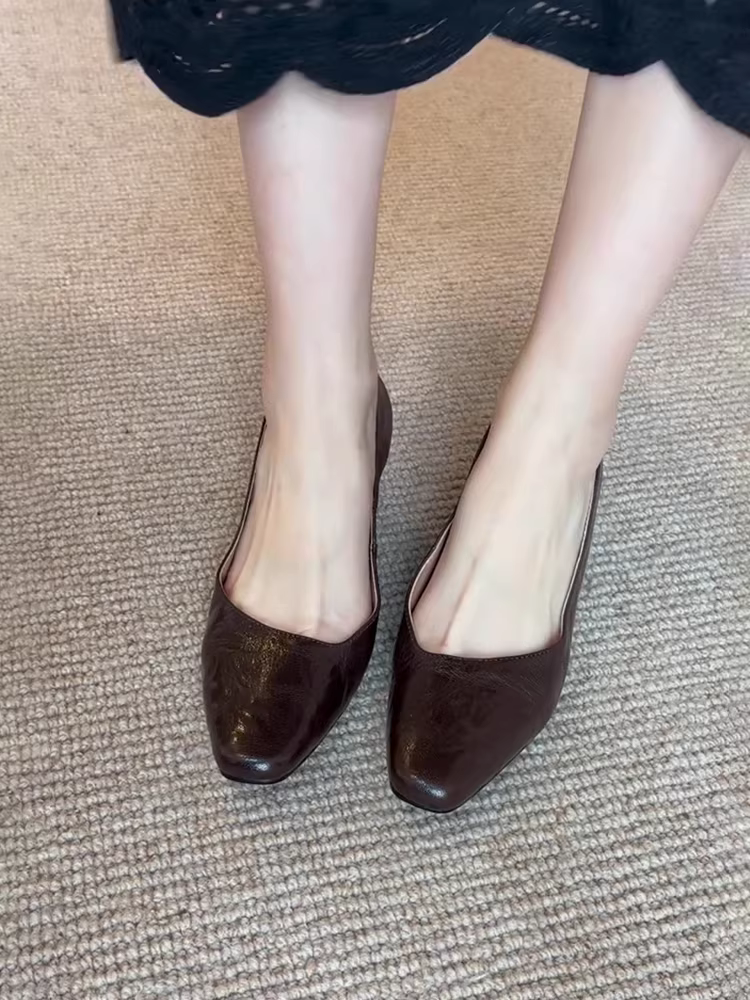 Phiên bản da cừu ~ Giày đế bằng mũi vuông cổ điển dành cho nữ, giày lười da thật, giày cao gót thời trang, đơn giản, giản dị, chuyên nghiệp
