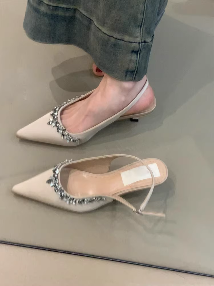 Phiên bản da cừu ~ Giày cao gót đính đá cho nữ, dép xỏ ngón kiểu cổ tích có dây đeo phía sau, mũi nhọn, giày đơn thanh lịch.