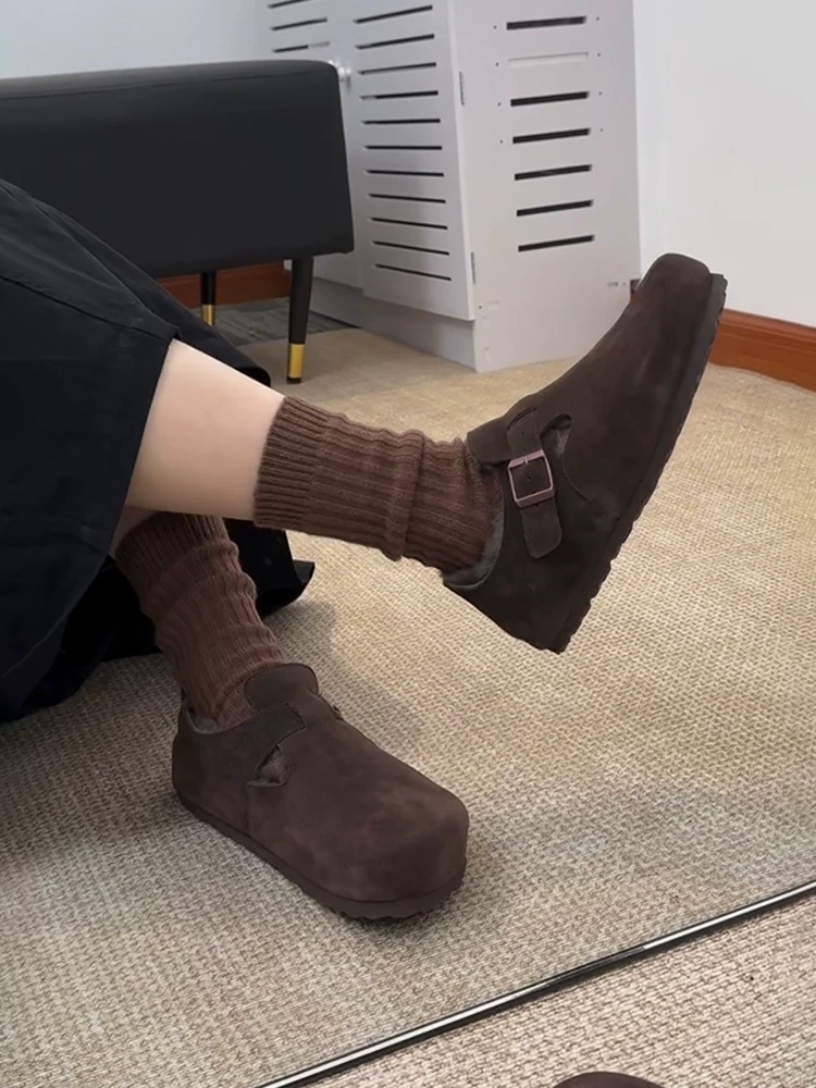 Phiên bản da cừu ~ Giày kiểu Birkenstock có lót lông, tăng chiều cao, kiểu dáng lười, đế bằng, phong cách retro, chất liệu cotton mềm mại dành cho nữ