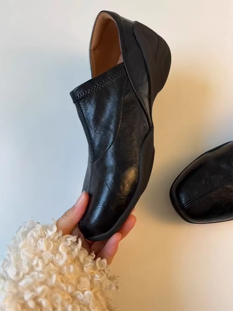 Phiên bản da cừu ~ Giày da mềm đế mềm, thoải mái, kiểu dáng cổ điển, màu đen, kiểu lười, chất liệu da thật dành cho nữ