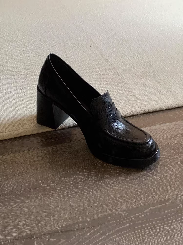 Phiên bản da cừu ~ Giày cao gót cổ điển đi làm dành cho nữ, giày lười da thật màu đen, giày da nhỏ kiểu Anh đơn giản