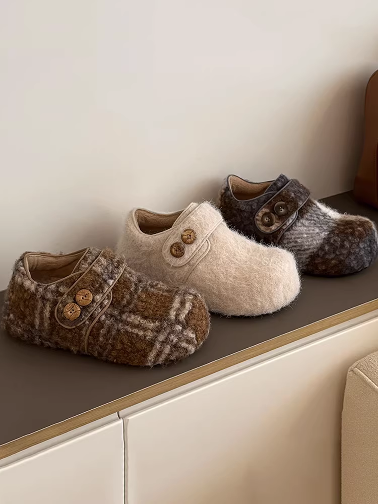 Phiên bản da bò ~ giày Birkenstock tăng chiều cao thời trang dành cho phụ nữ nhỏ nhắn, giày đơn đế tròn bằng len độc đáo có khóa dán