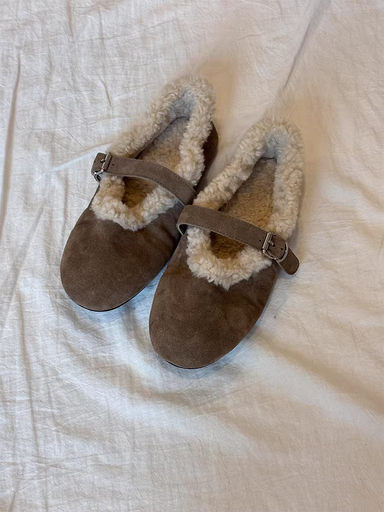 Phiên bản da cừu ~ Giày Mary Jane tối giản dành cho nữ, giày đế bằng mũi tròn bằng da lộn cổ điển có lớp lót lông mềm mại.