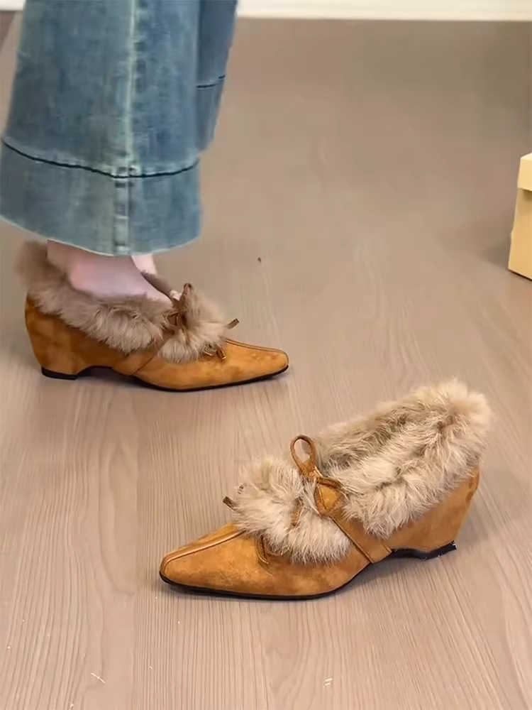 Phiên bản da cừu ~ Giày Mary Jane kiểu Pháp nhẹ nhàng có nơ, giày đơn lót lông cừu tăng chiều cao bên trong bằng da lộn thanh lịch dành cho nữ
