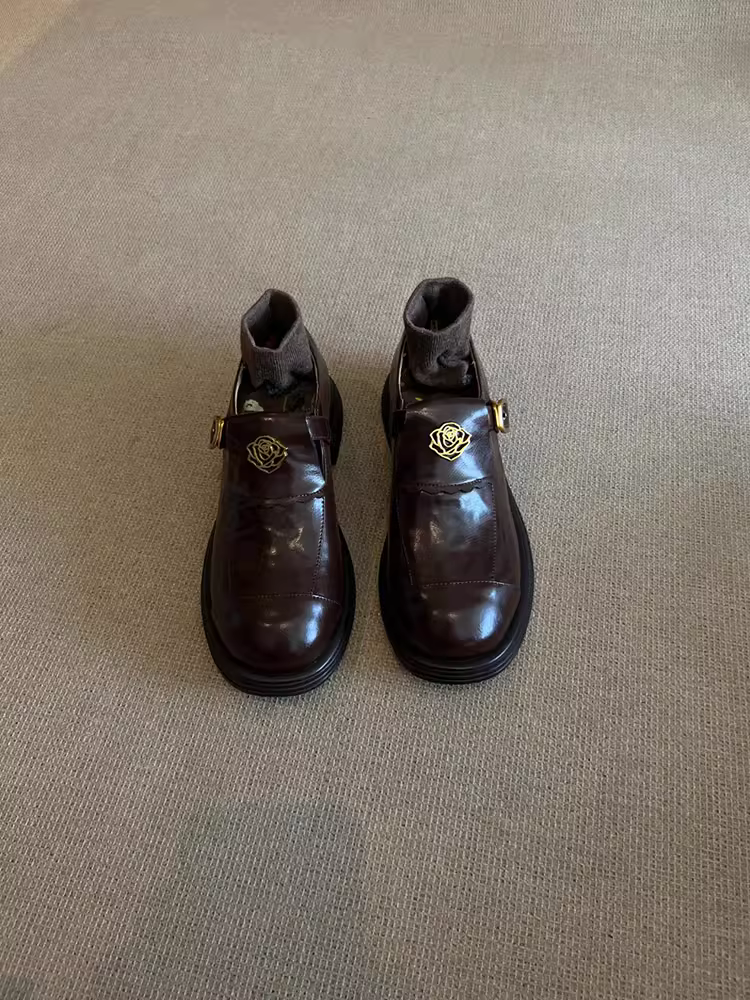 Phiên bản da cừu ~ Giày Mary Jane cổ sâu màu nâu cổ điển dành cho nữ, giày da mũi tròn đế dày, gót dày, kiểu lười