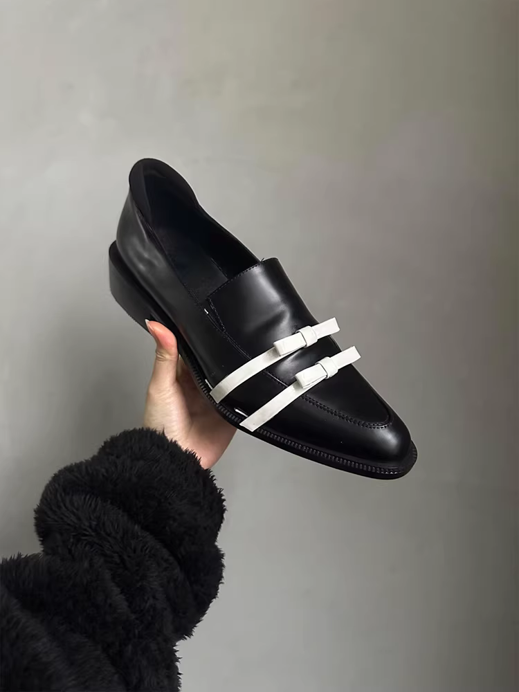 Phiên bản da cừu ~ Giày derby cao cấp phong cách Anh dành cho nữ, giày lười da thật đế thấp kiểu Pháp, giày da nhỏ có nơ