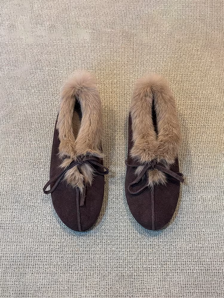 Phiên bản da cừu ~ Giày cotton đế bằng ấm áp Dongji dành cho nữ, da lộn kiểu retro có nơ, lót lông cừu, giày lười kiểu slip-on.