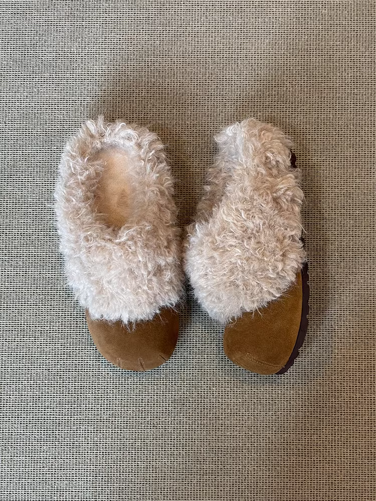 Phiên bản da cừu ~ Giày mũi kín dễ thương và độc đáo dành cho nữ, giày lười bằng da lộn có lông, giày Birkenstock lười biếng thoải mái bằng lông mềm dành cho nữ