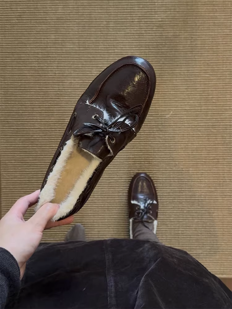 Phiên bản da cừu ~ Giày lười da thật đa năng kiểu Pháp dành cho nữ, lót lông cừu, ấm áp, thoải mái, giày da đế bằng nhỏ