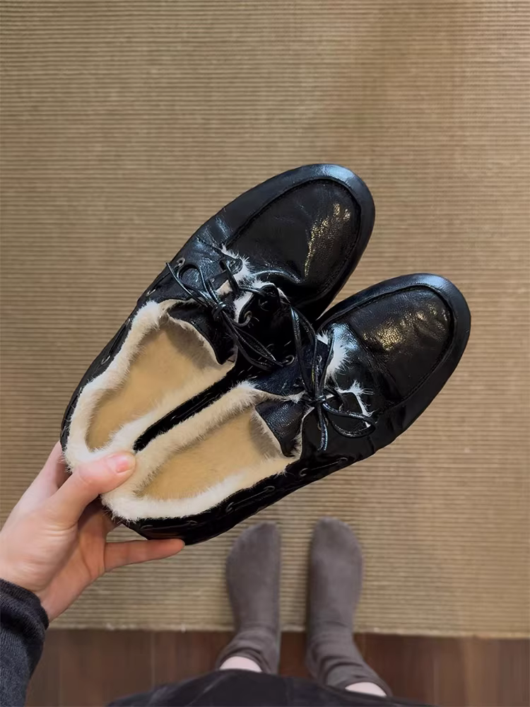 Phiên bản da cừu ~ Giày lười da thật đa năng kiểu Pháp dành cho nữ, lót lông cừu, ấm áp, thoải mái, giày da đế bằng nhỏ