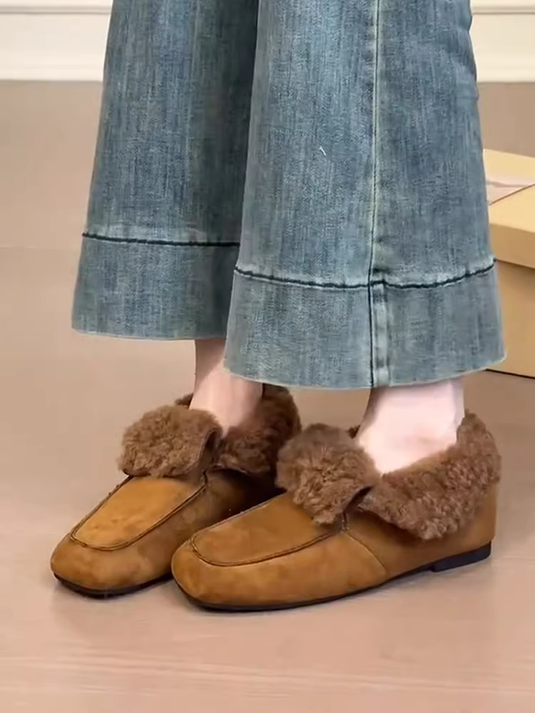 Phiên bản da cừu ~ Giày lười mũi vuông da lộn cổ điển mùa đông dành cho nữ, kiểu lười, lót lông cừu, thích hợp để mang ngoài trời, giày đơn tăng chiều cao.