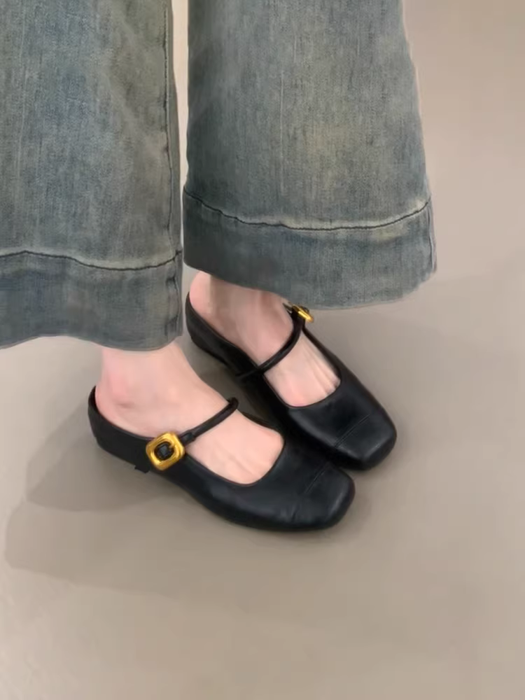 Phiên bản da cừu ~ Dép nửa đế tăng chiều cao kiểu cổ điển mũi vuông dành cho nữ, quai đơn, miệng nông, da thật, đa năng, đi làm, dép kín mũi