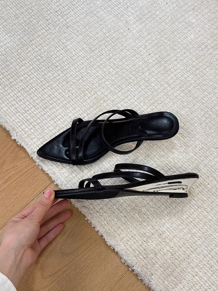 Phiên bản da cừu ~ Dép quai ngang mũi nhọn đa năng bằng kim loại dành cho nữ, kiểu dáng đơn giản bằng da thật, thích hợp đi ngoài trời, phối với đầm, sandal