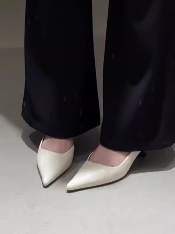 Phiên bản da cừu ~ Giày công sở đa năng phong cách Pháp đơn giản dành cho nữ, giày cao gót mũi nhọn bằng da thật có lỗ hổng bên hông